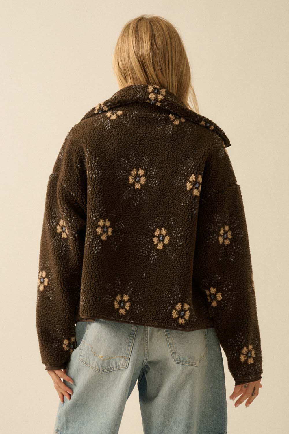 Floral-Print Sherpa Fleece Zip-Up Pocket Jacket