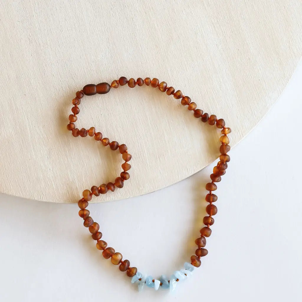 Raw Cognac Baltic Amber + Aquamarine || Necklace