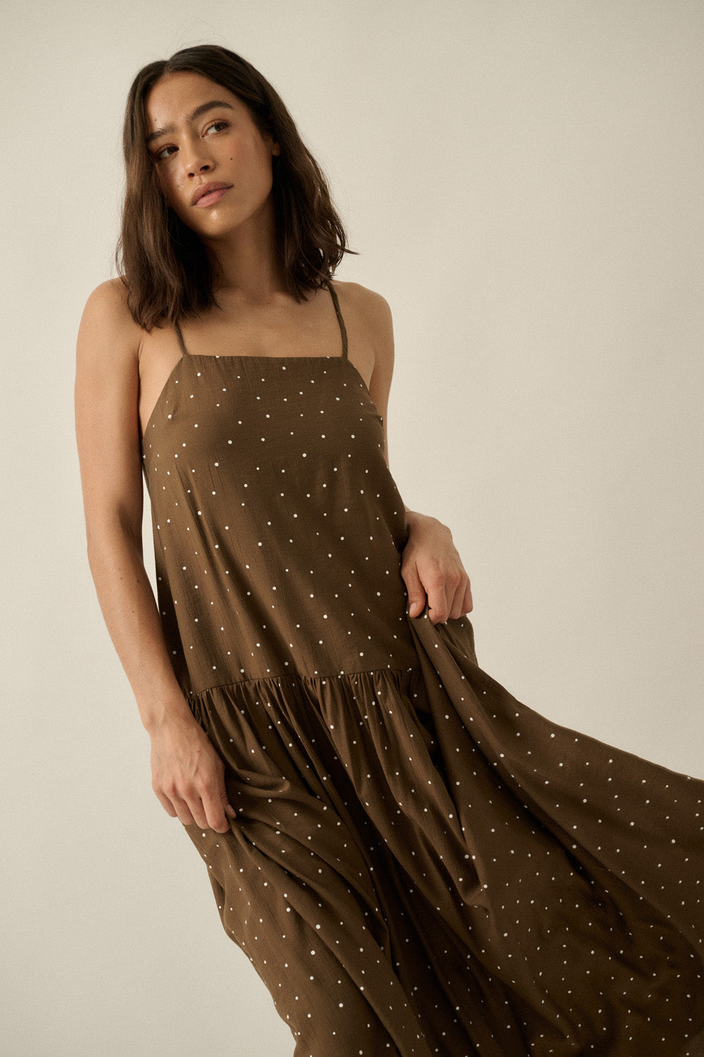 Polka Dot-Print Drop-Waist Cami Maxi Dress (Chocolate)