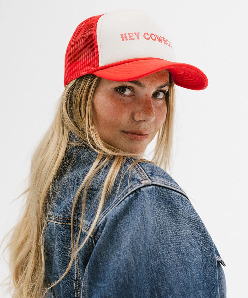 Hey Cowboy Trucker Hat - Cream VIntage Red