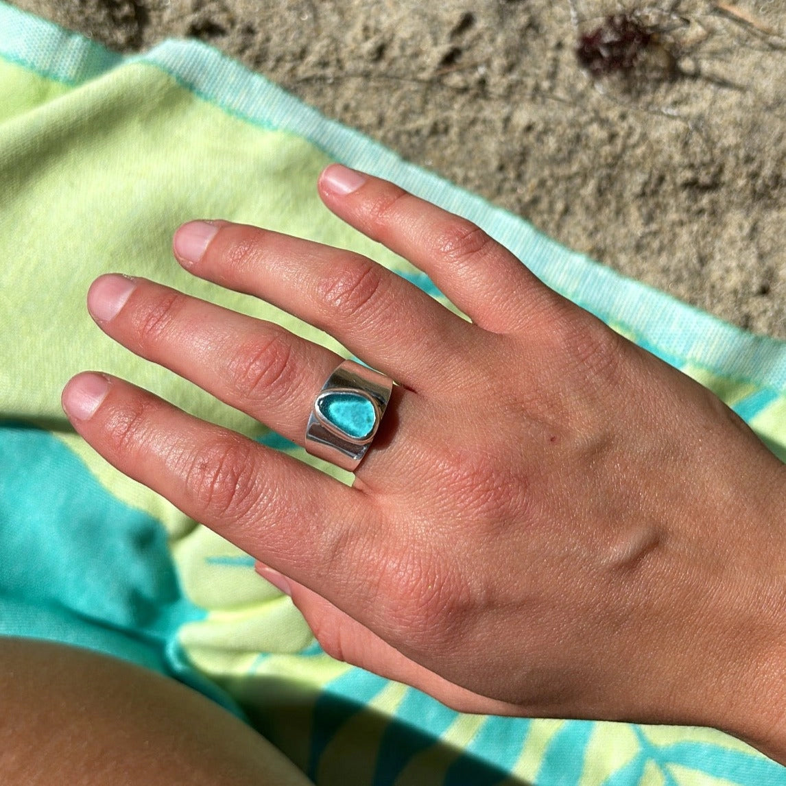 Handmade Blue Bold Sea Glass Band (925 Silver)