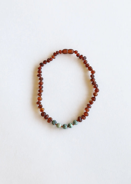 Raw Cognac Amber + Turquoise Jasper Necklace