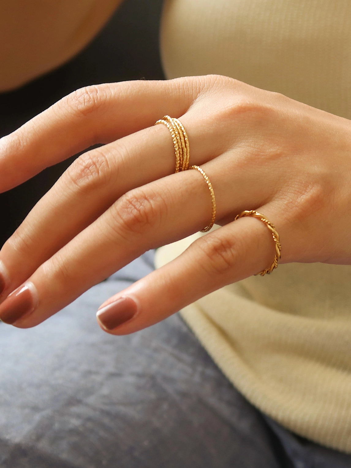 18K Non-Tarnish Minimalist Thin Textured Ring
