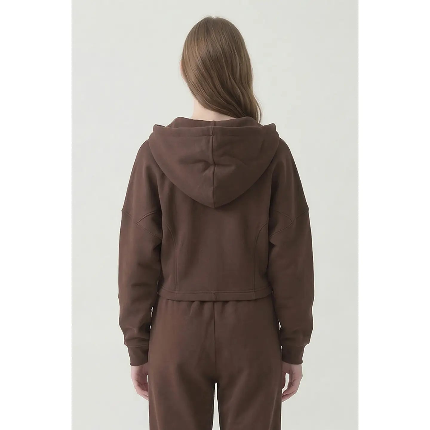 Cotton Boxy Crop Zip Hoodie - Chocolate