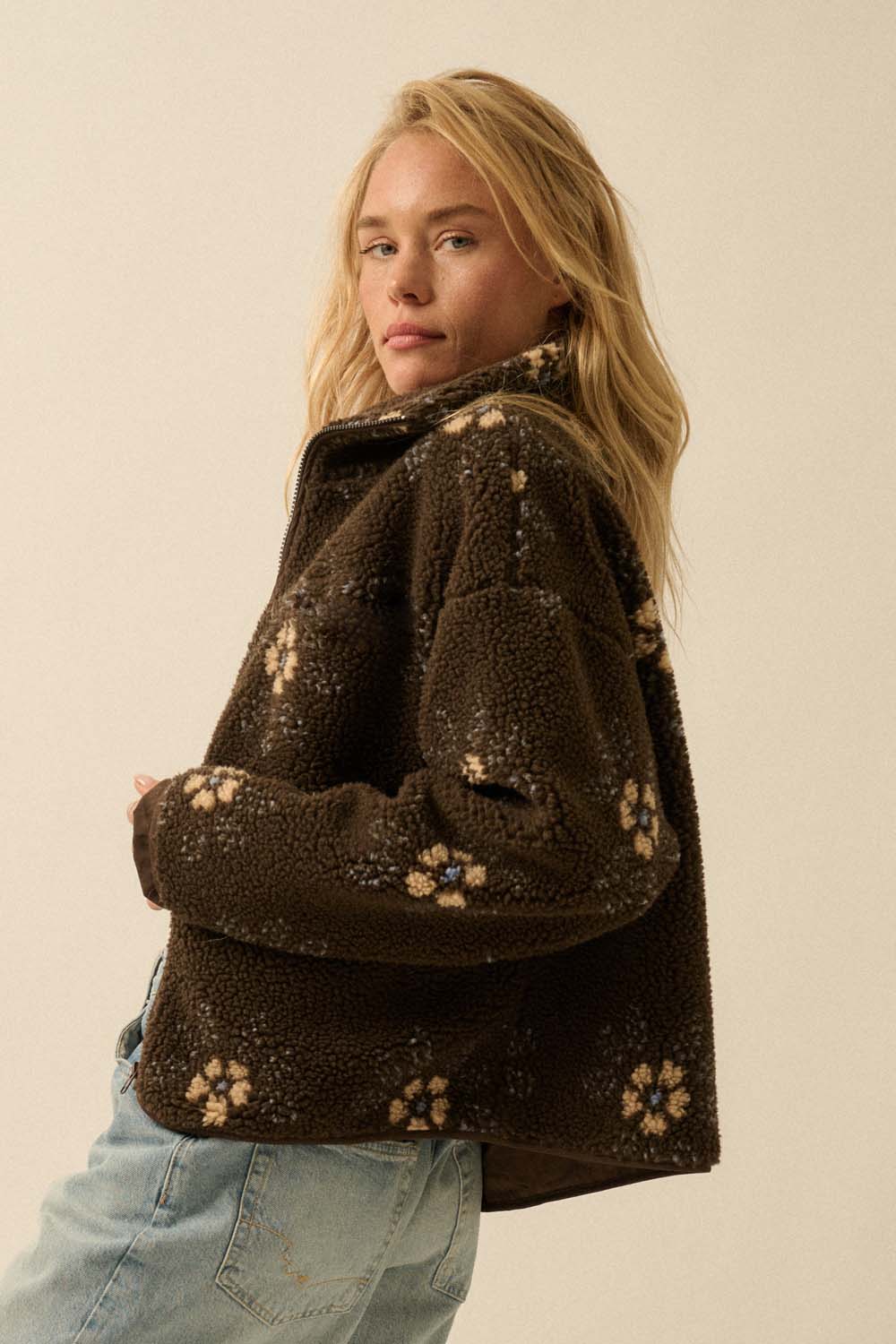 Floral-Print Sherpa Fleece Zip-Up Pocket Jacket