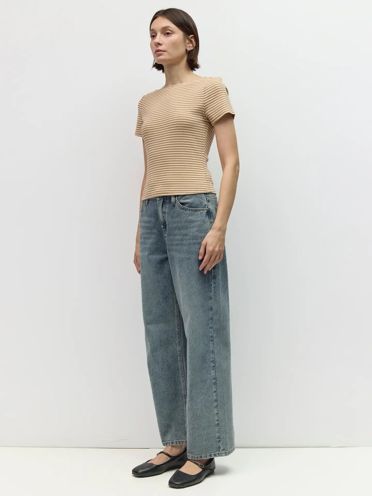 Striped Wide Neck Tee - Cream/Brown