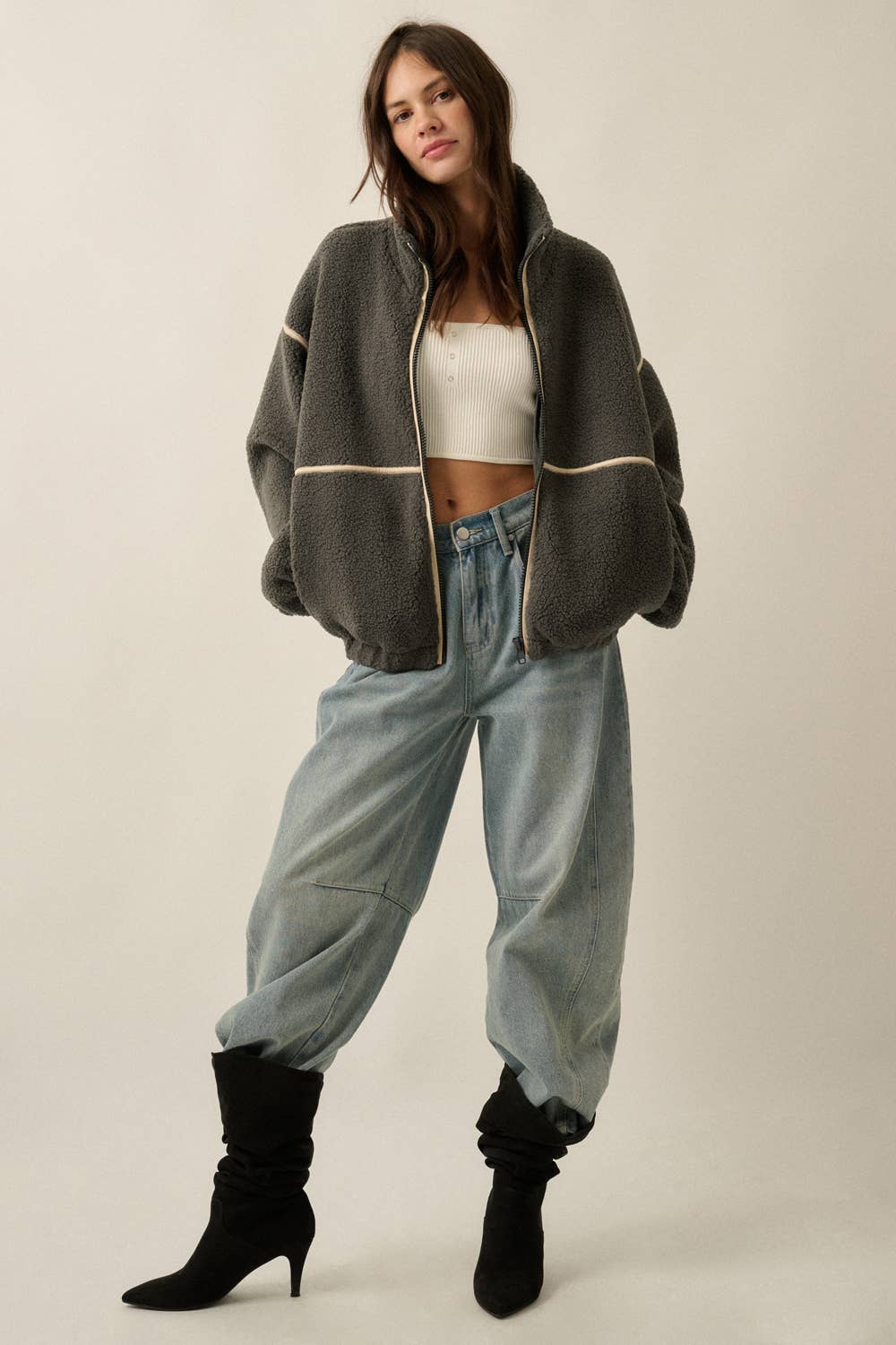 Charcoal Sherpa Fleece Zip-Up Jacket