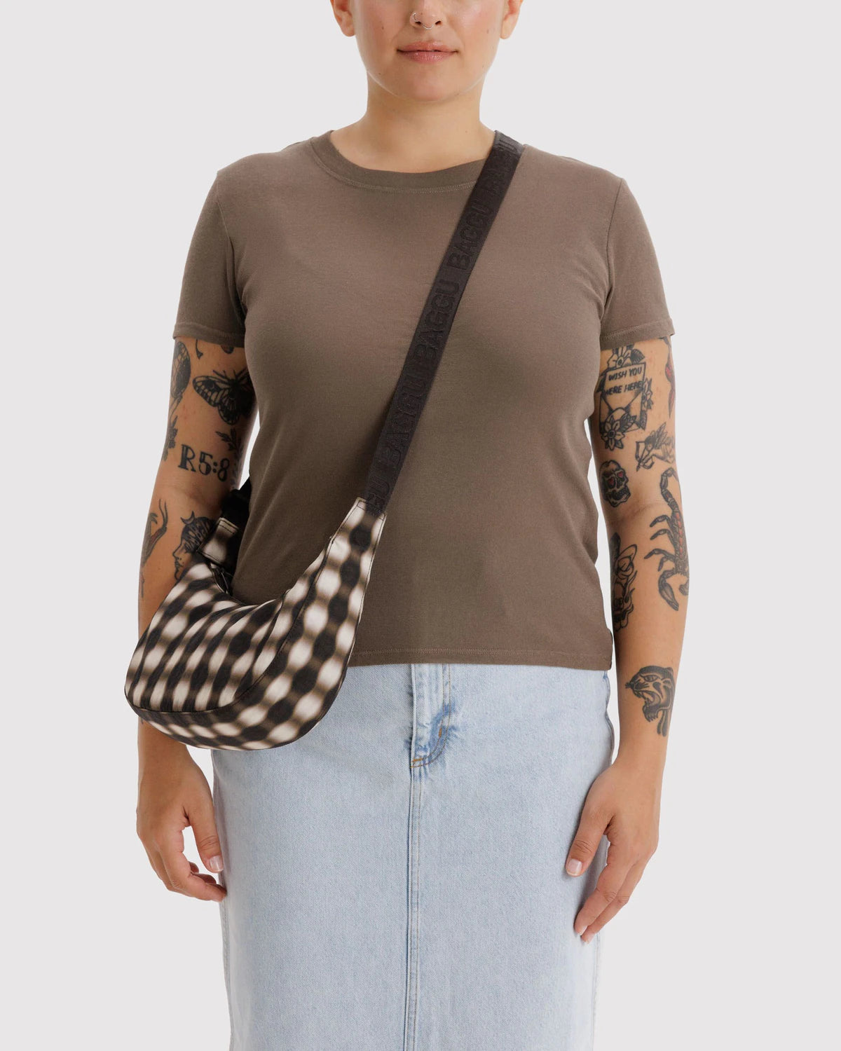 Small Nylon Crescent Bag (Blurred Gingham Brown)