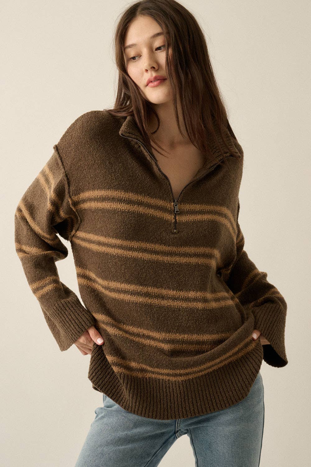 Textured Striped Knit Quarter-Zip Sweater