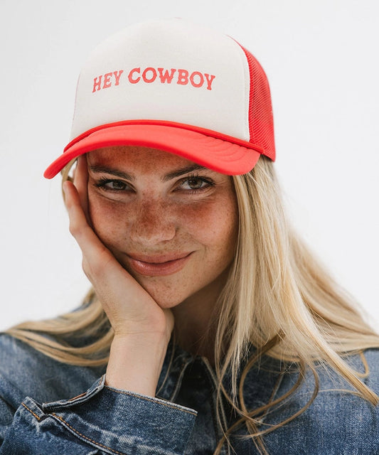 Hey Cowboy Trucker Hat - Cream VIntage Red