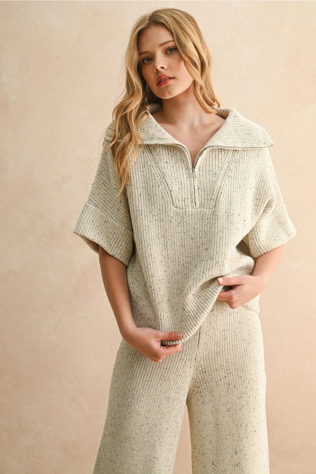 Half Zip Short Sleeve Knitted Top