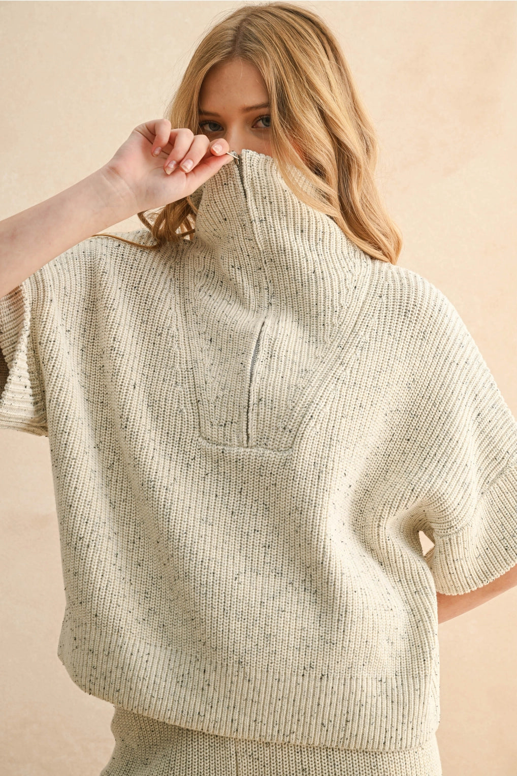 Half Zip Short Sleeve Knitted Top