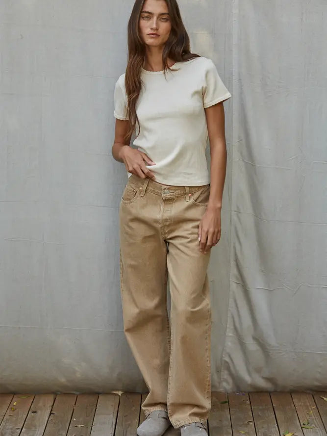 Cream Knit Cotton Pointelle Short Sleeve Top