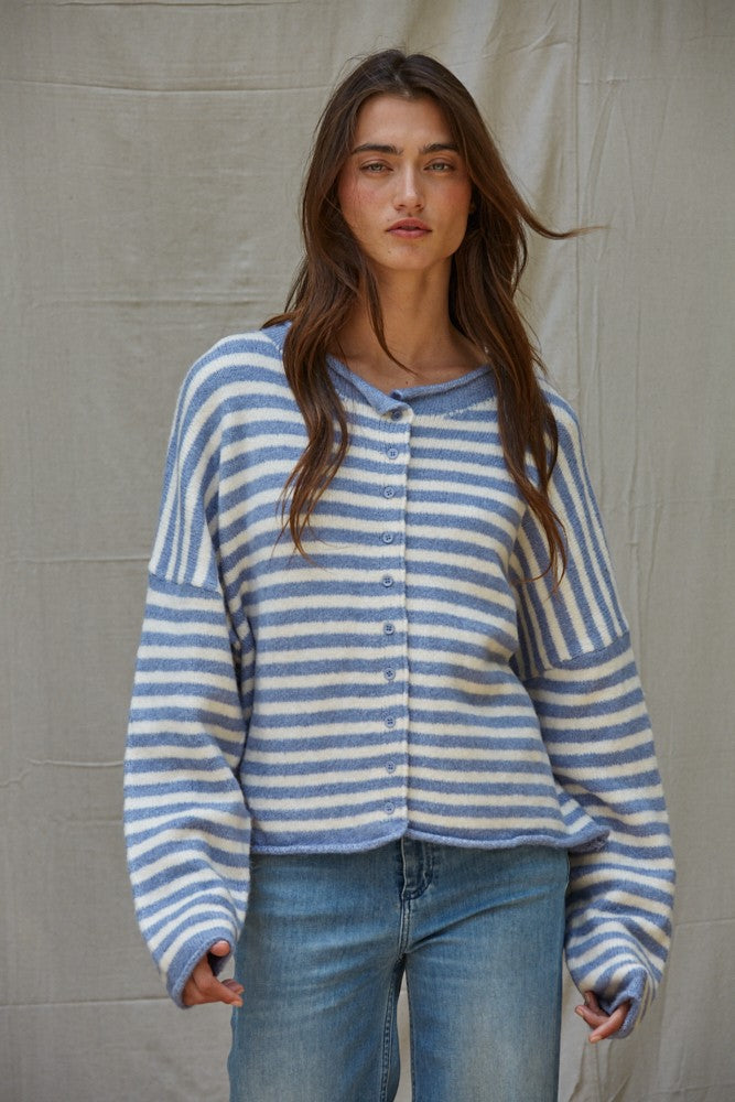Knit Sweater Striped Buttondown Cardigan Top (Blue Ivory)