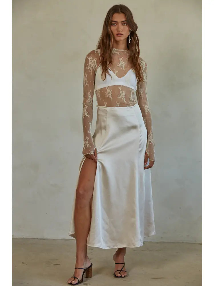 Knit Jacquard Lace Long Sleeve Mock Neck Top (Ivory)