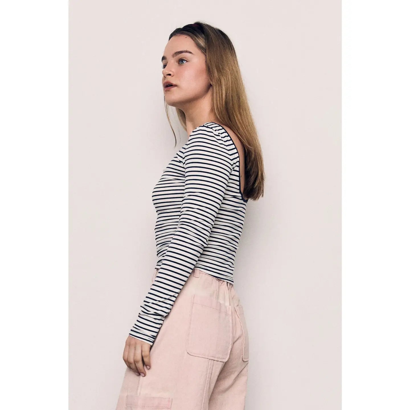 Open Back Striped Long Sleeve Fitted Cotton Tee