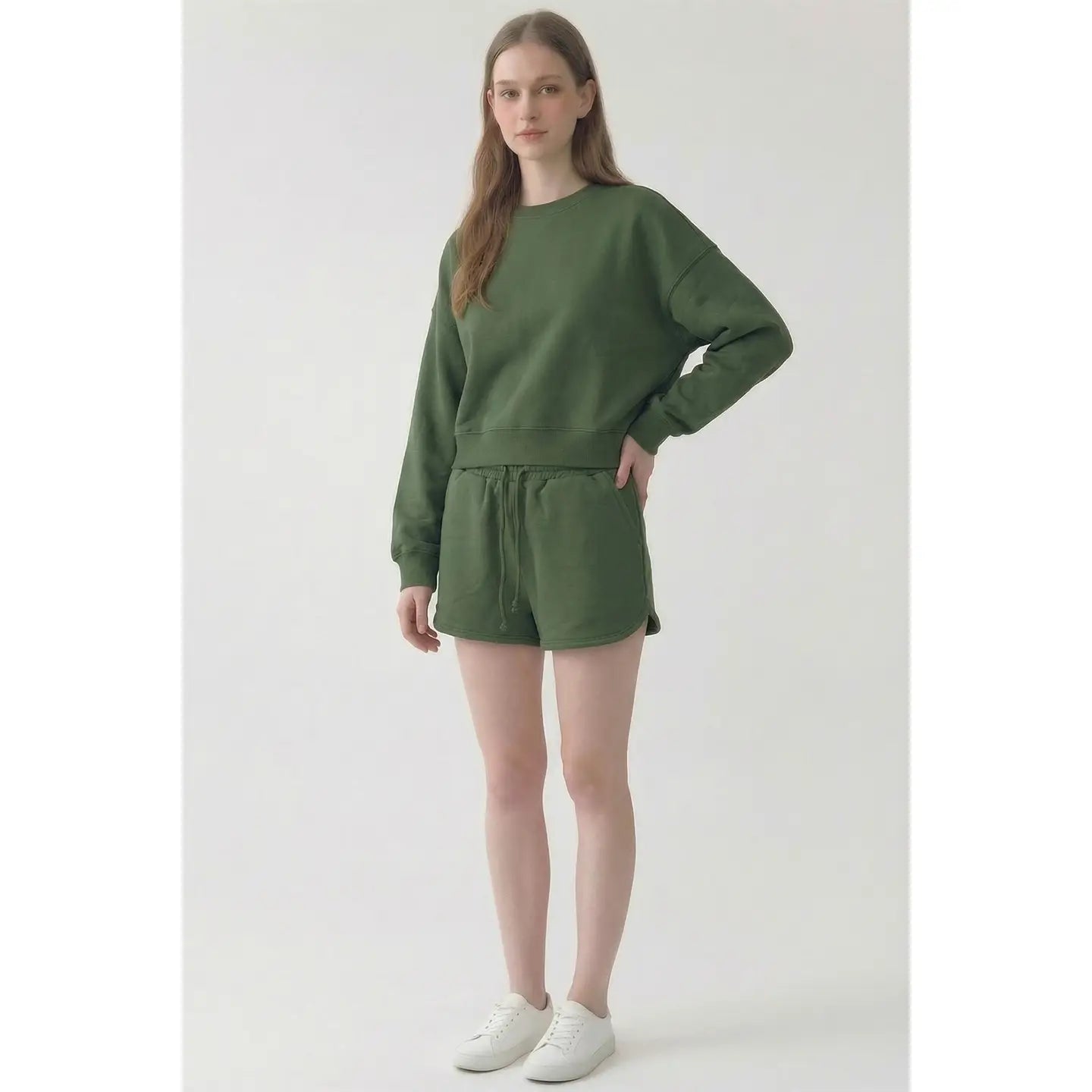 Cotton Oversized Cropped Crewneck - Olive Green