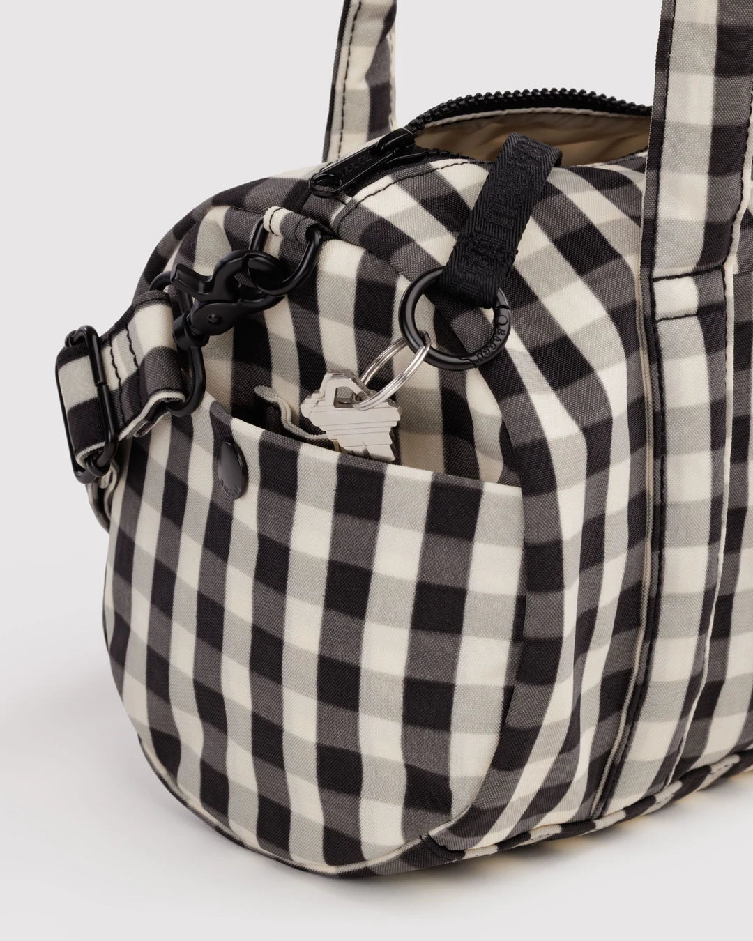 Black And Cream Gingham Nylon Duffle Bag