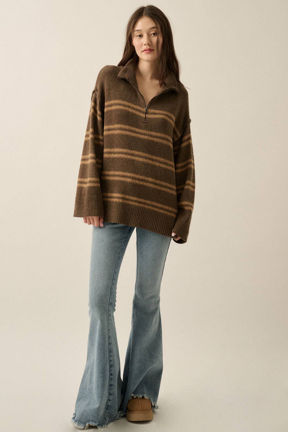 Textured Striped Knit Quarter-Zip Sweater