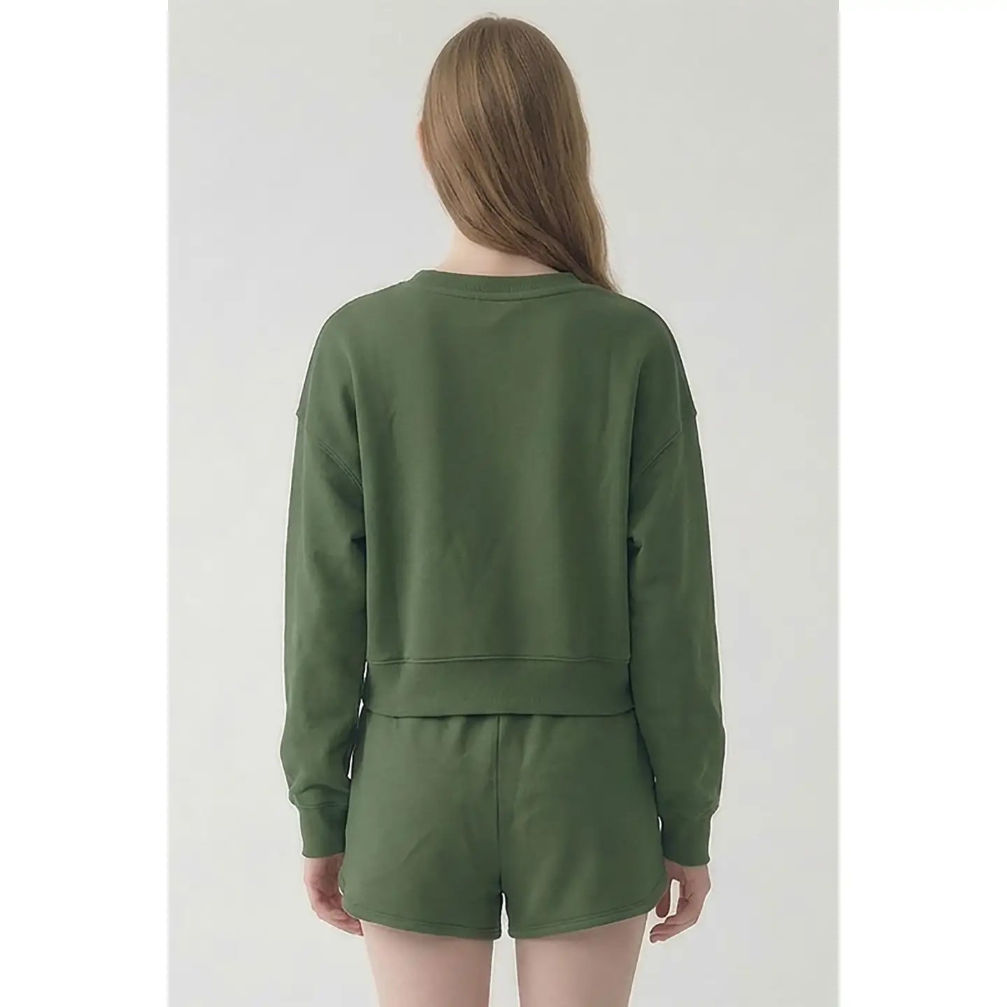 Cotton Oversized Cropped Crewneck - Olive Green