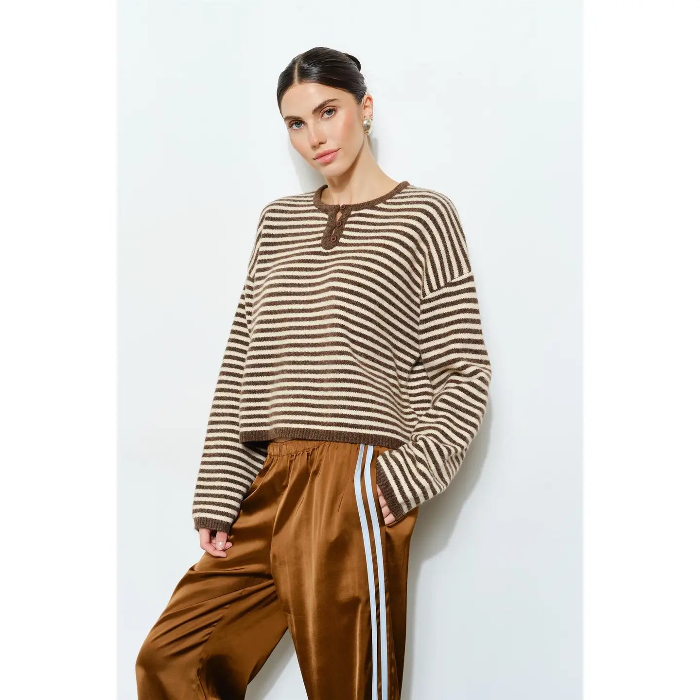 Etta Brown Striped Henley Knit Sweater
