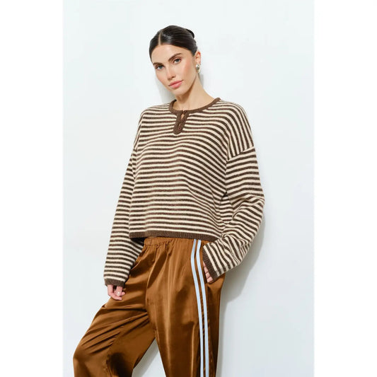 Etta Brown Striped Henley Knit Sweater