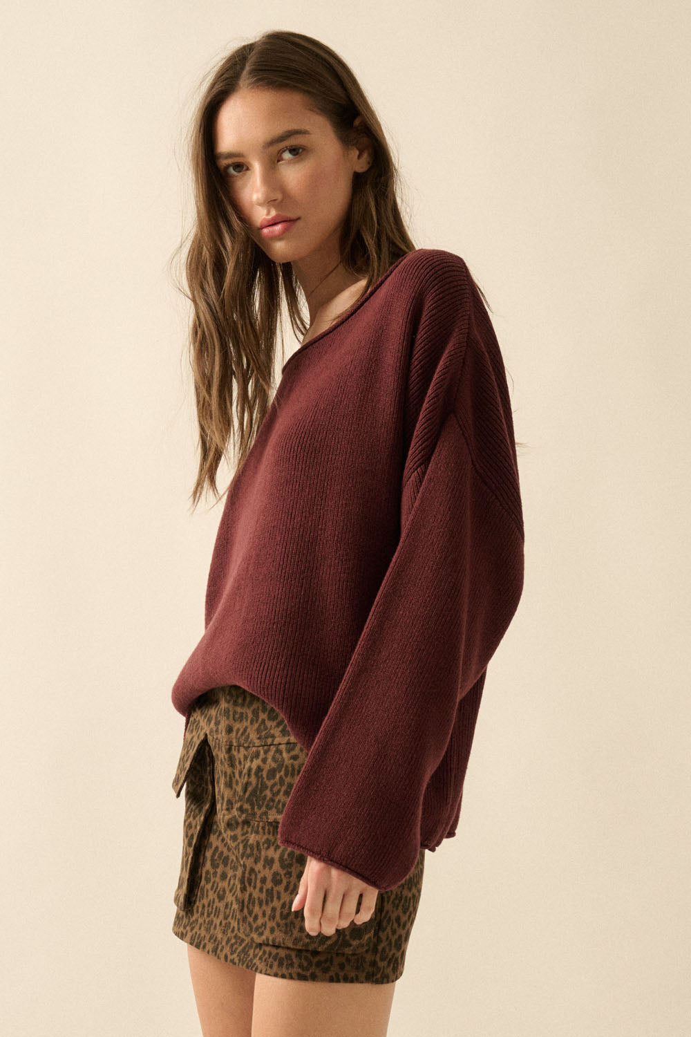 Solid Rib-Knit Oversized Boatneck Sweater (Baked Plum)