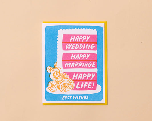 Colorful Letterpress Wedding Greeting Card—Happy Life Cake