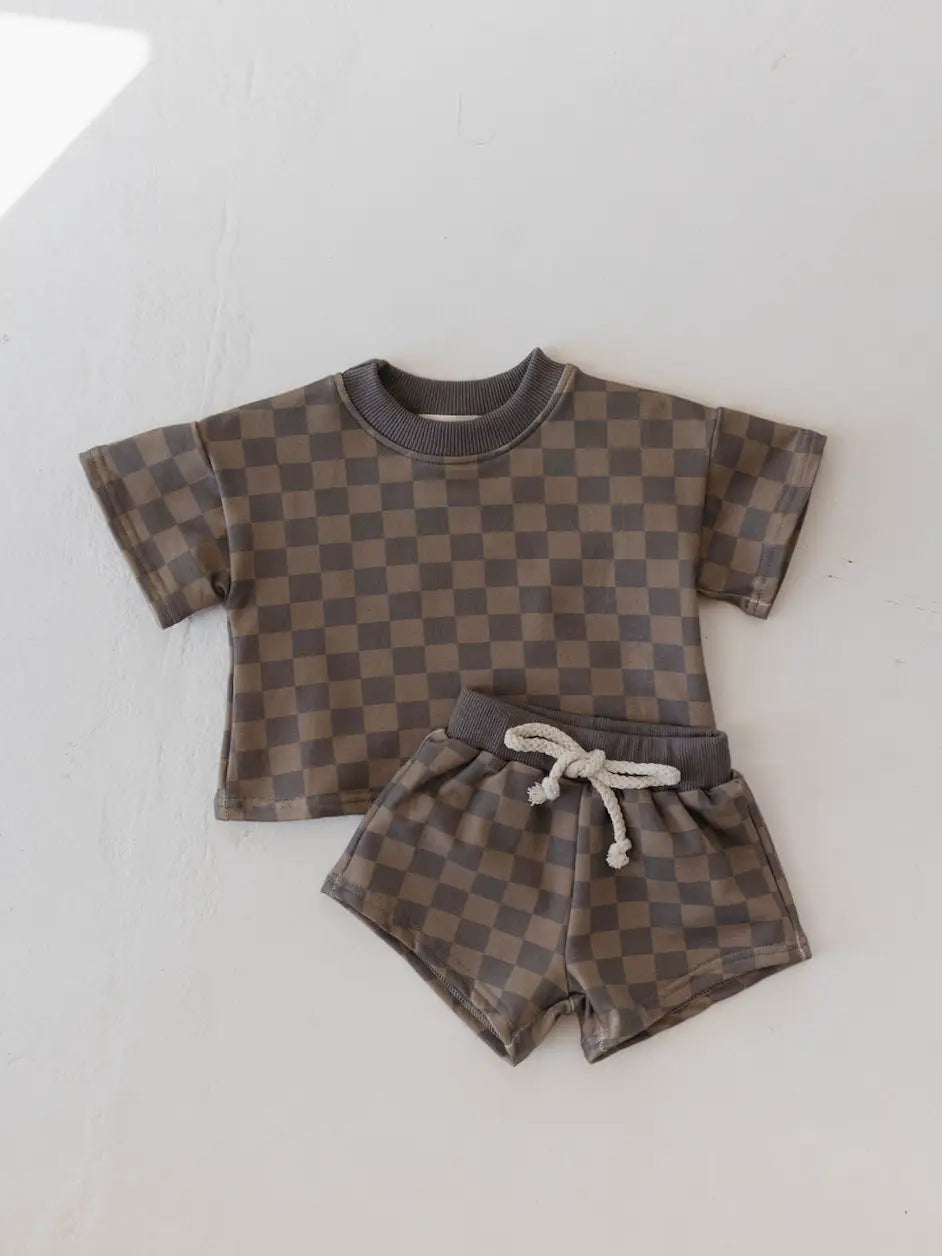 Short Set | Faded Brown Checkerboard