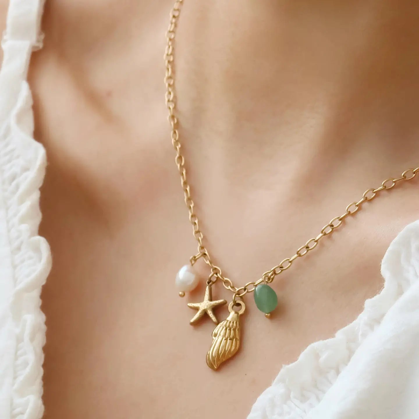 Bonbon 18K Gold Non-Tarnish Pearl and Shell Charm Necklace