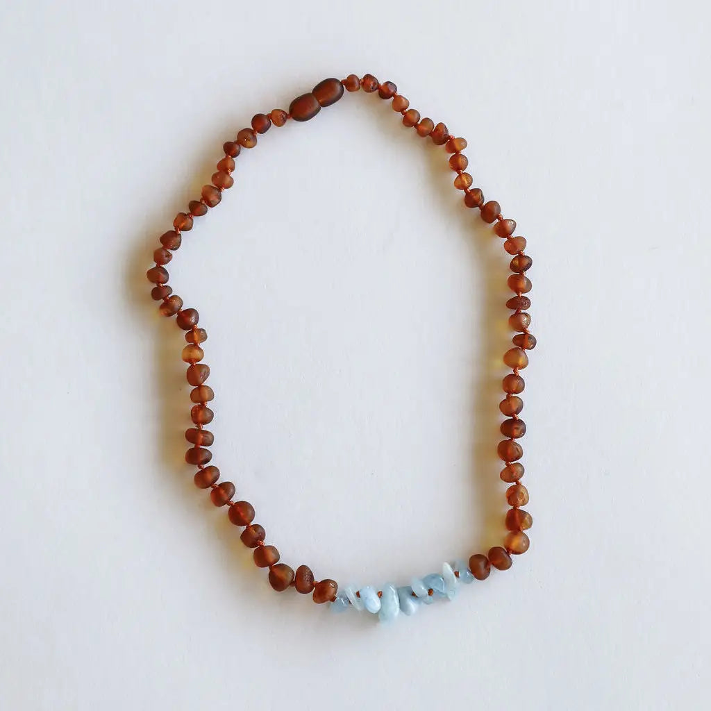 Raw Cognac Baltic Amber + Aquamarine || Necklace