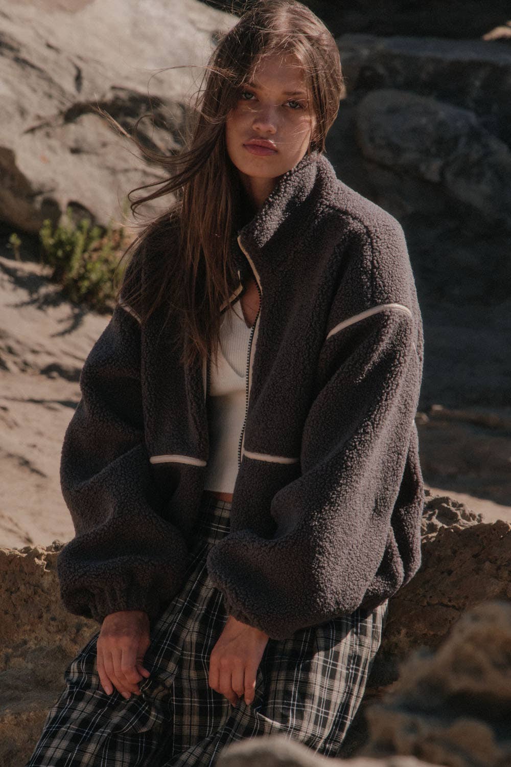 Charcoal Sherpa Fleece Zip-Up Jacket