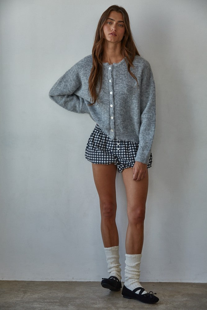Knit Sweater Round Neck Long Sleeve Cardigan Top (Heather Grey)