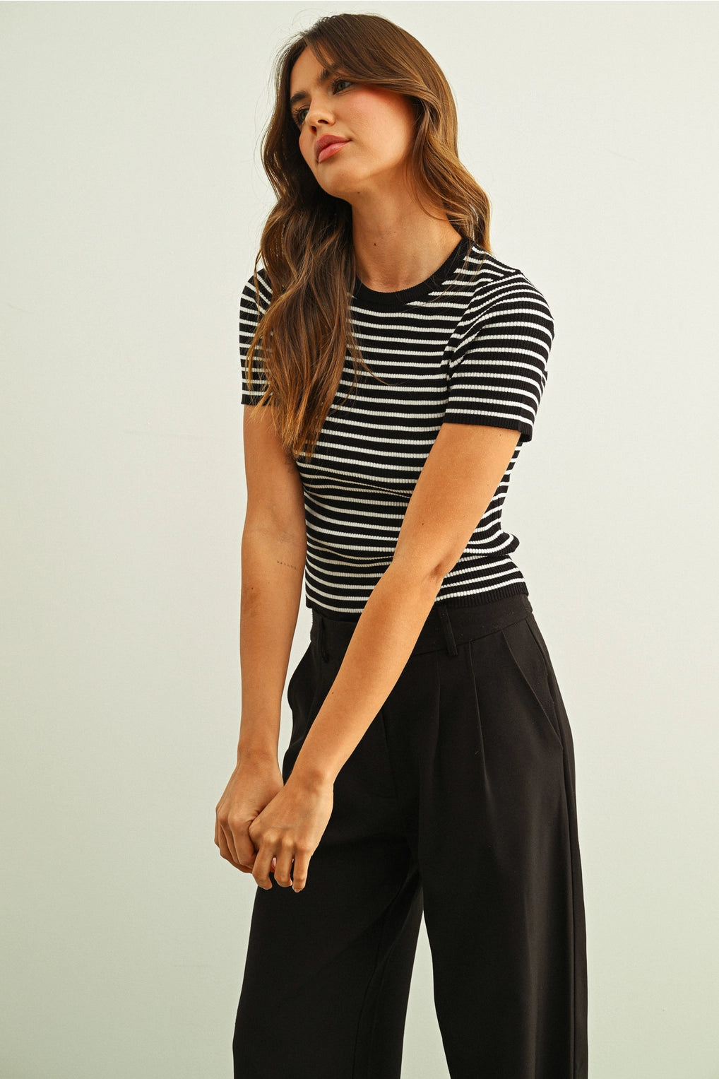Black Striped Ribbed Knit Top