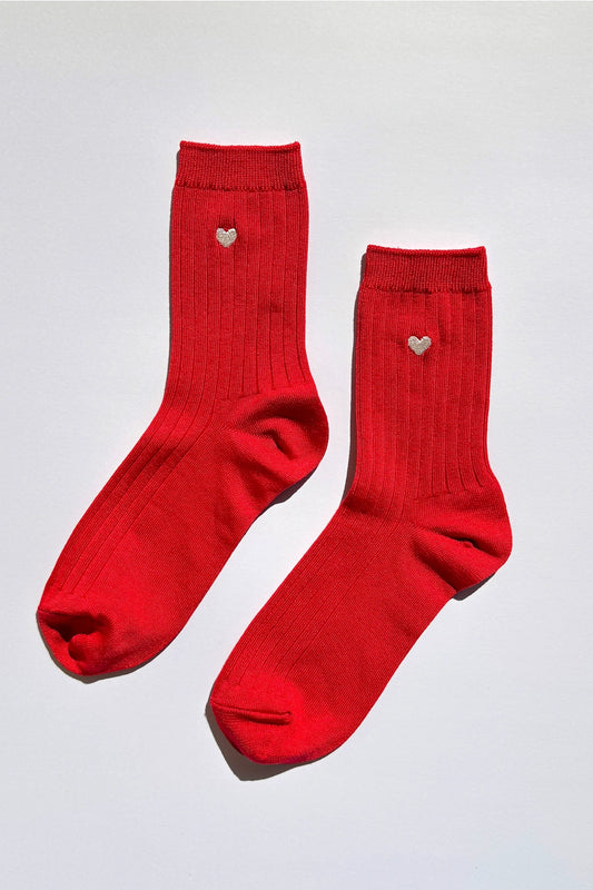 Embroidered Her Socks - Mercerized Combed Cotton Rib (Classic Red + Heart)