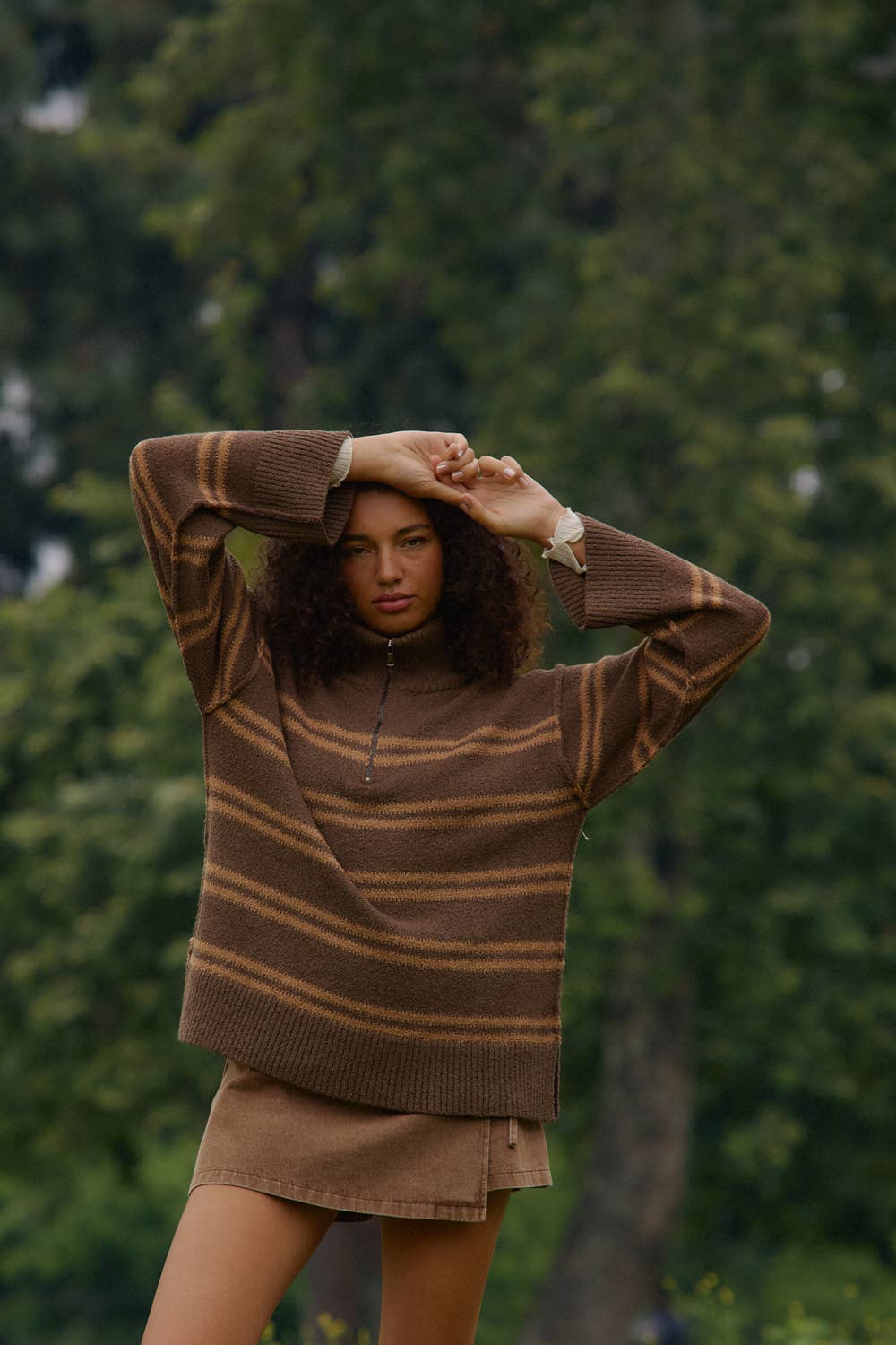 Textured Striped Knit Quarter-Zip Sweater
