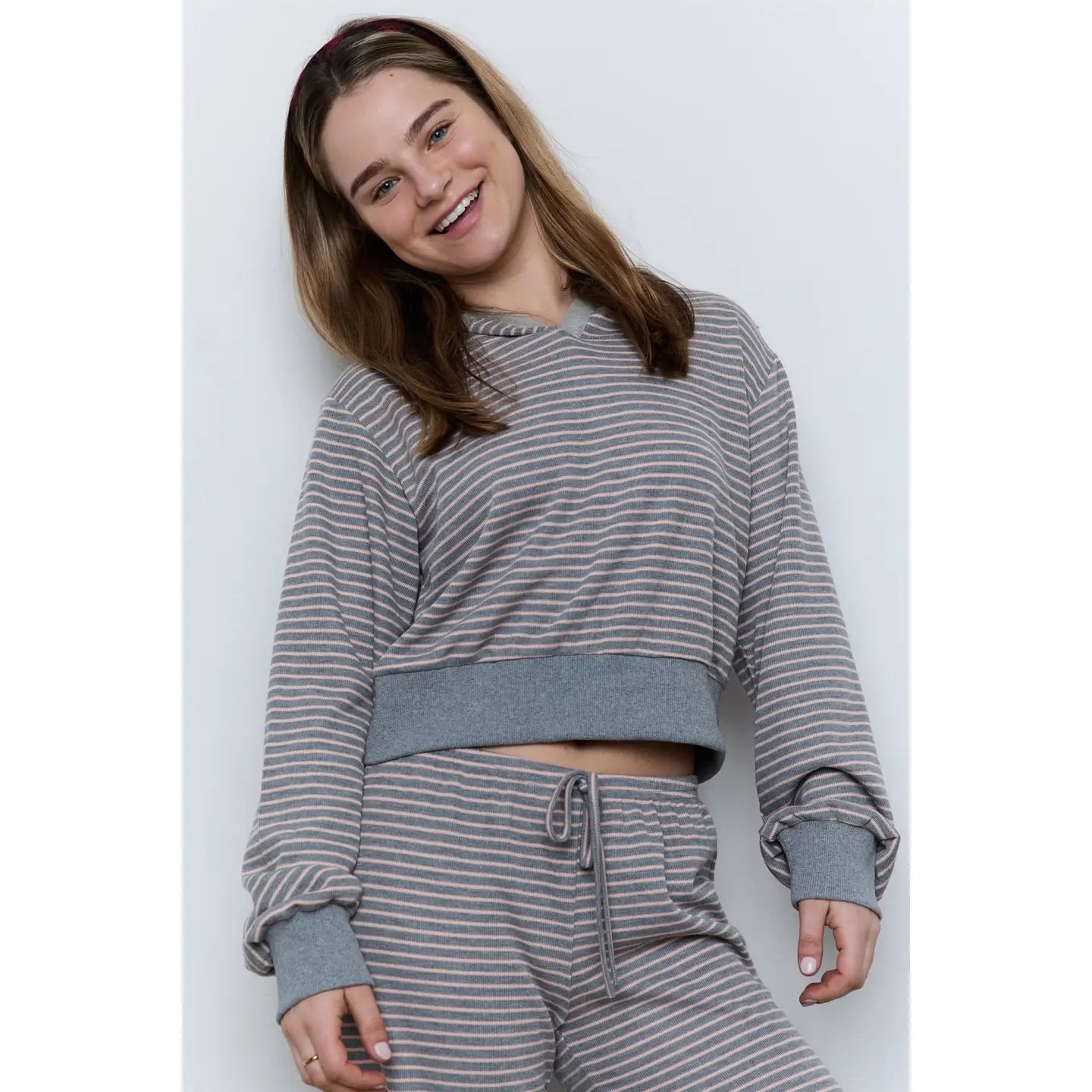 Pink + Grey Striped Pullover Hoodie