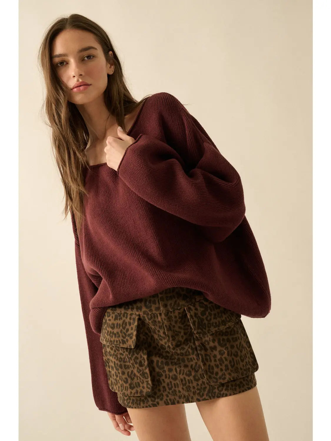 Solid Rib-Knit Oversized Boatneck Sweater (Baked Plum)