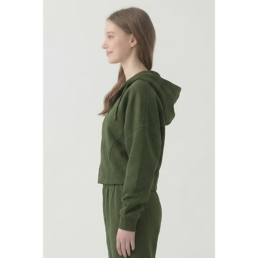 Cotton Boxy Crop Zip Hoodie - Olive Green