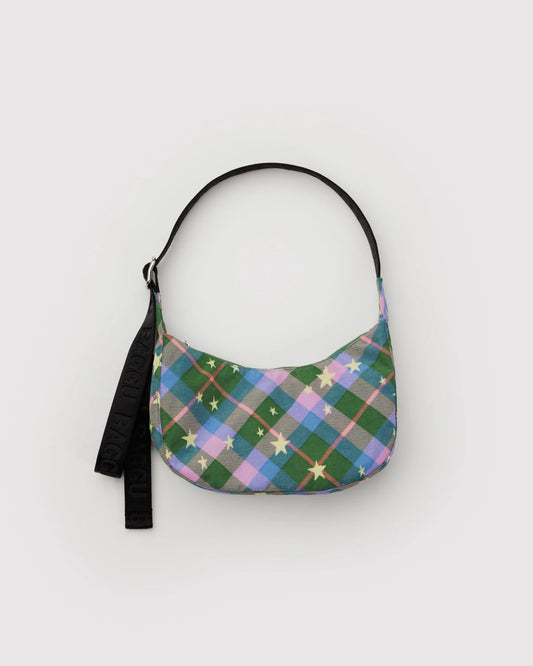 Small Nylon Crescent Bag (Green Star Plaid)
