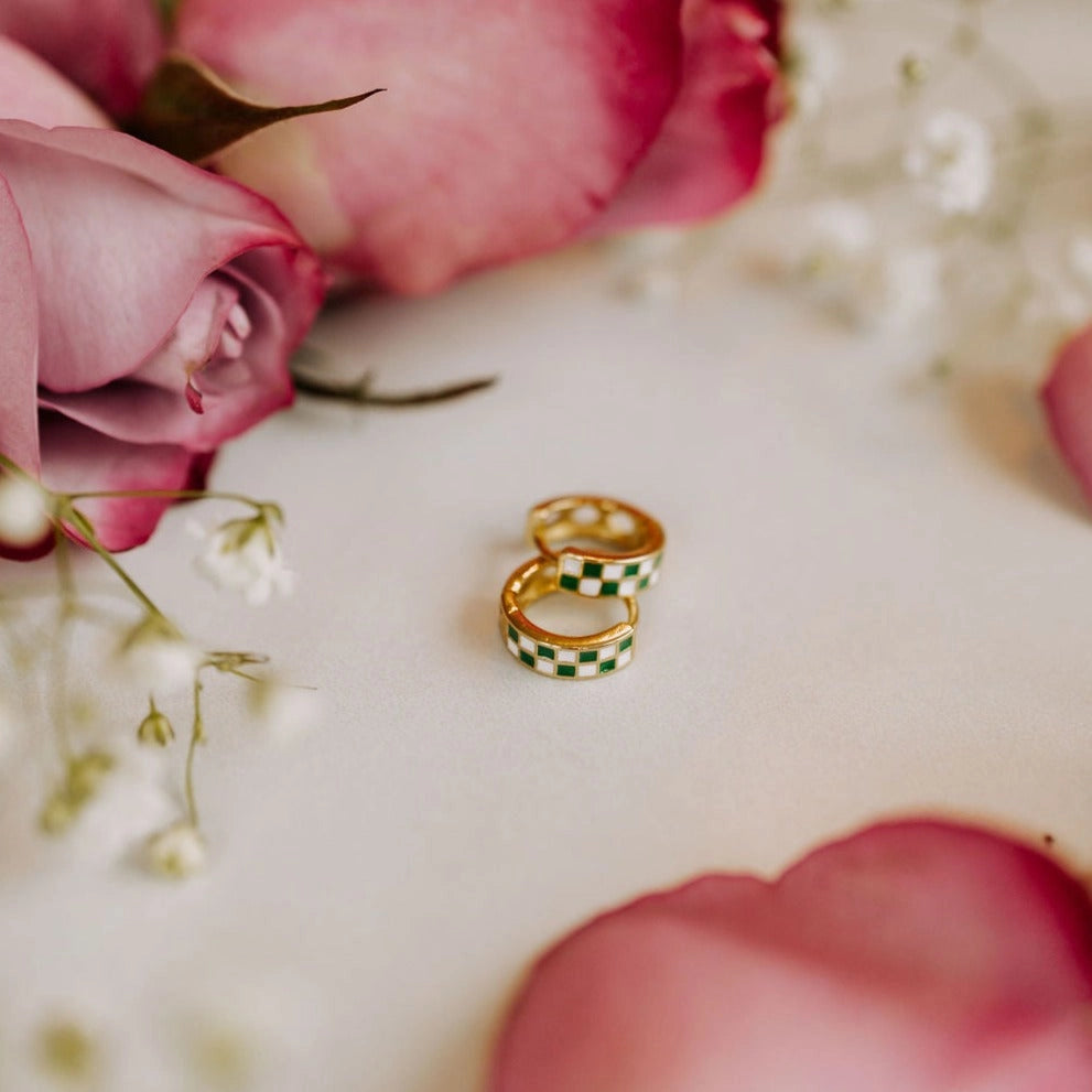 14k Gold Fill Green & White Checkered Hoops