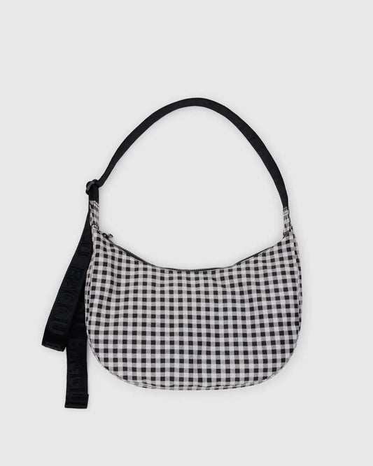 Medium Nylon Crescent Bag (Black & White Gingham)