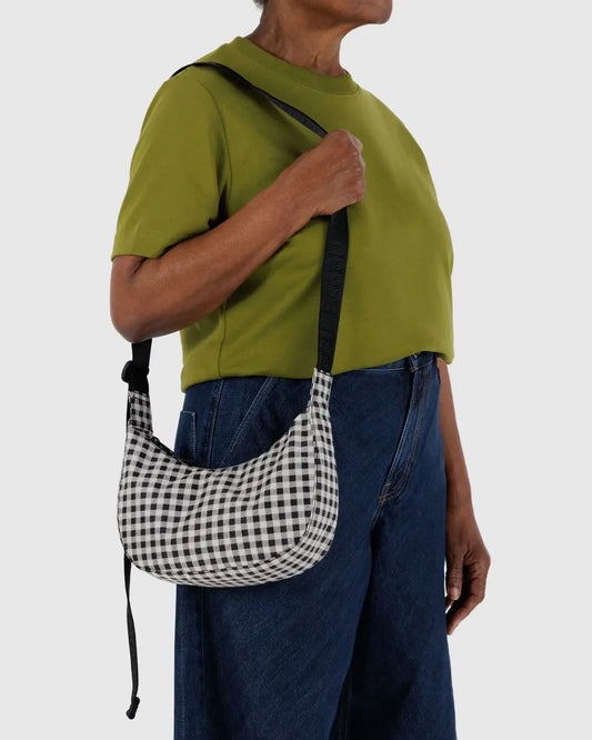 Small Nylon Crescent Bag (Black & White Gingham)