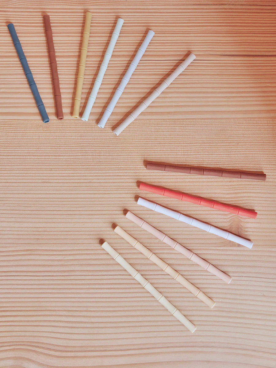 BAMBOO SILICONE STRAW - PACK OF 6 - CARAMEL / BLUE