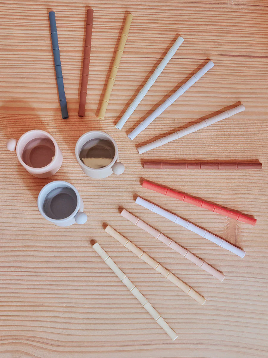 BAMBOO SILICONE STRAW - PACK OF 6 - CARAMEL / BLUE