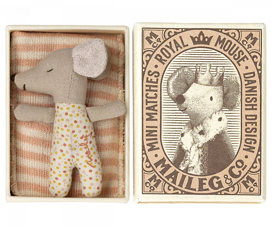 Maileg Sleepy/Wakey Baby Mouse in Matchbox - Rose